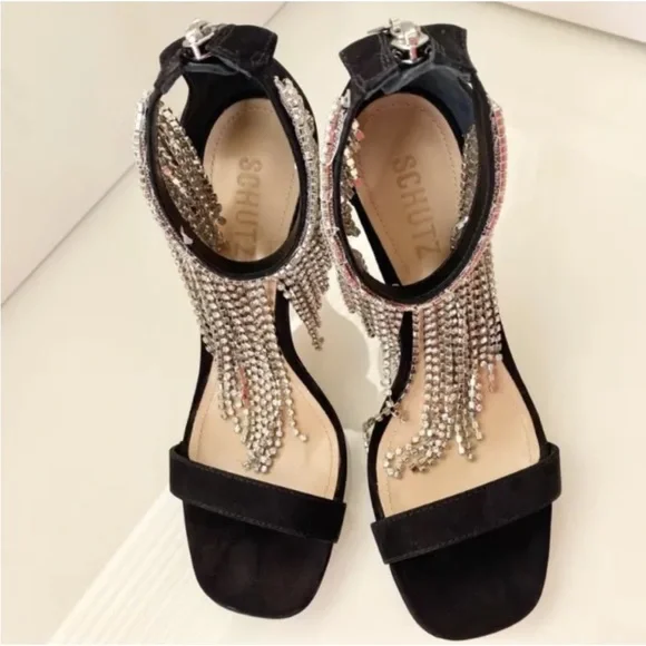 SCHUTZ Black Ankle Fringe Crystal Heels SZ 8.5 - Picture 1 of 3